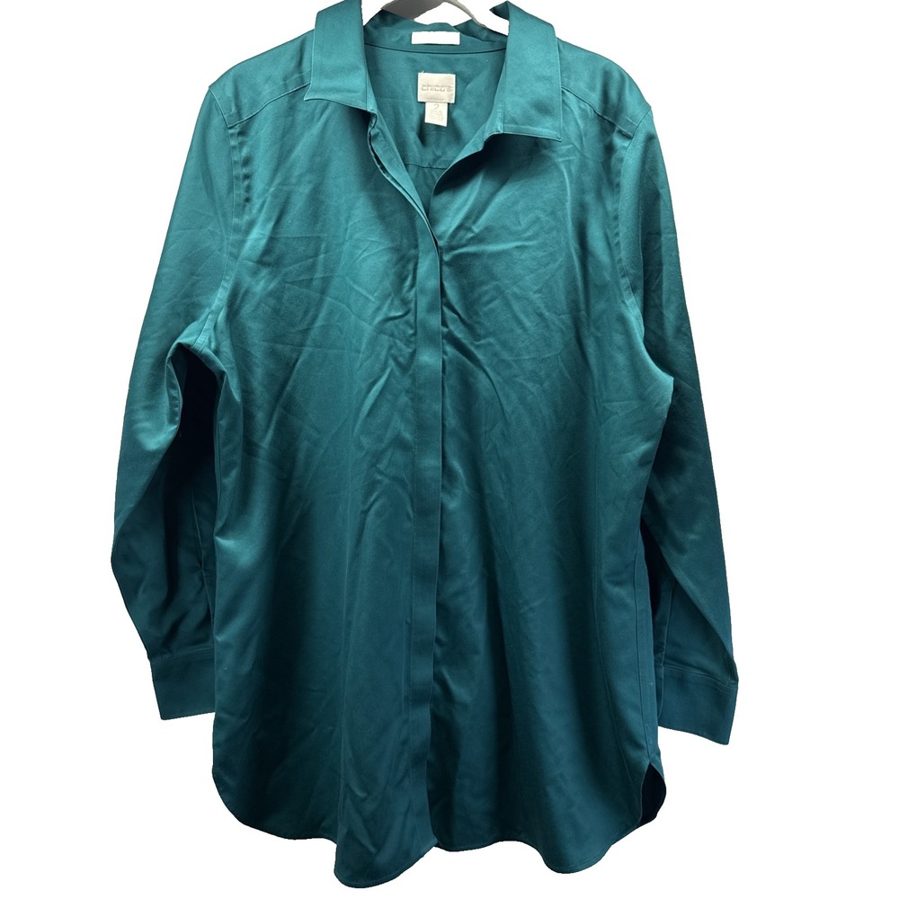 Chicos Women's Tunic Top Blouse Size Large Solid Green 100% Cotton Long Sleeves